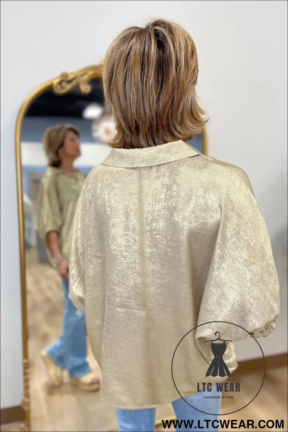 Strawberry Pink Collared V Neck Half Sleeve Metallic Top - L.T.C Wear Online Fashion Store