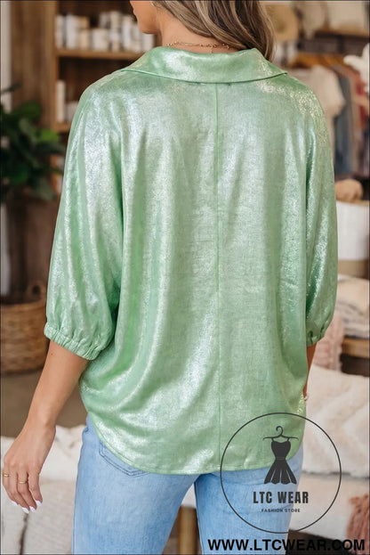 Strawberry Pink Collared V Neck Half Sleeve Metallic Top - L.T.C Wear Online Fashion Store