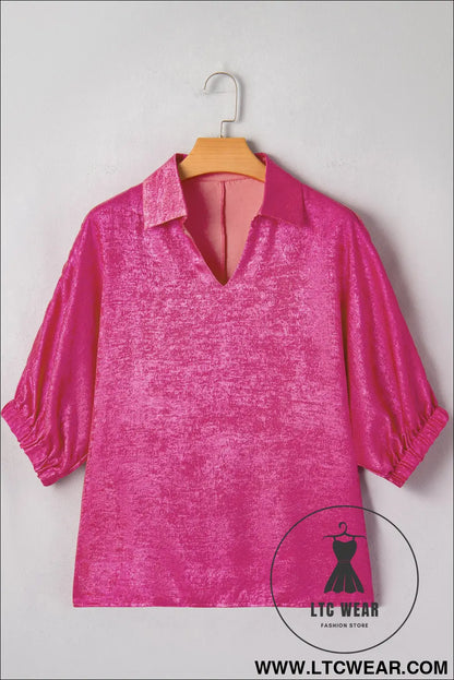Strawberry Pink Collared V Neck Half Sleeve Metallic Top - L.T.C Wear Online Fashion Store