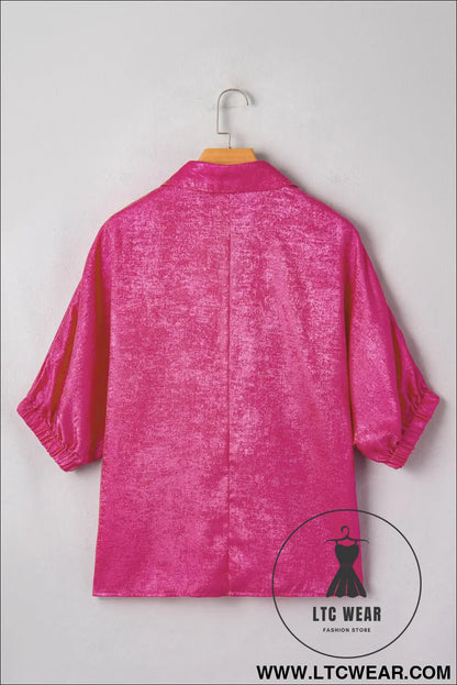 Strawberry Pink Collared V Neck Half Sleeve Metallic Top - L.T.C Wear Online Fashion Store