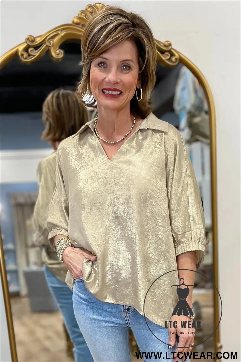 Strawberry Pink Collared V Neck Half Sleeve Metallic Top - L.T.C Wear Online Fashion Store