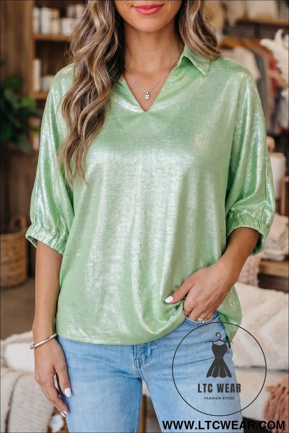 Strawberry Pink Collared V Neck Half Sleeve Metallic Top - L.T.C Wear Online Fashion Store
