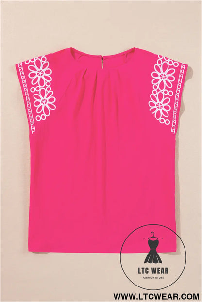 Strawberry Pink Floral Embroidered Flutter Sleeve Pleated Plus Size Blouse - L.T.C Wear Online Fashion Store