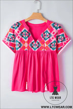 Strawberry pink geometric embroidered tassel tie v neck blouse - blouses & shirts