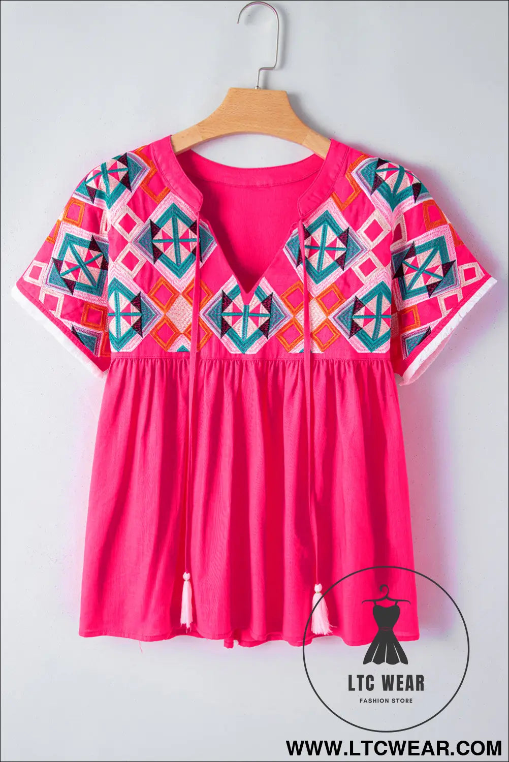 Strawberry pink geometric embroidered tassel tie v neck blouse - blouses & shirts