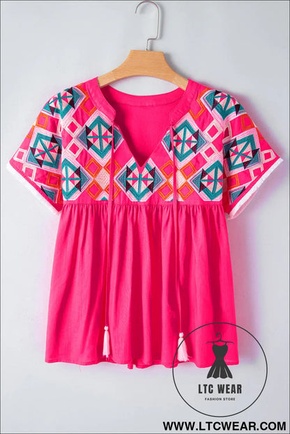 Strawberry pink geometric embroidered tassel tie v neck blouse - blouses & shirts