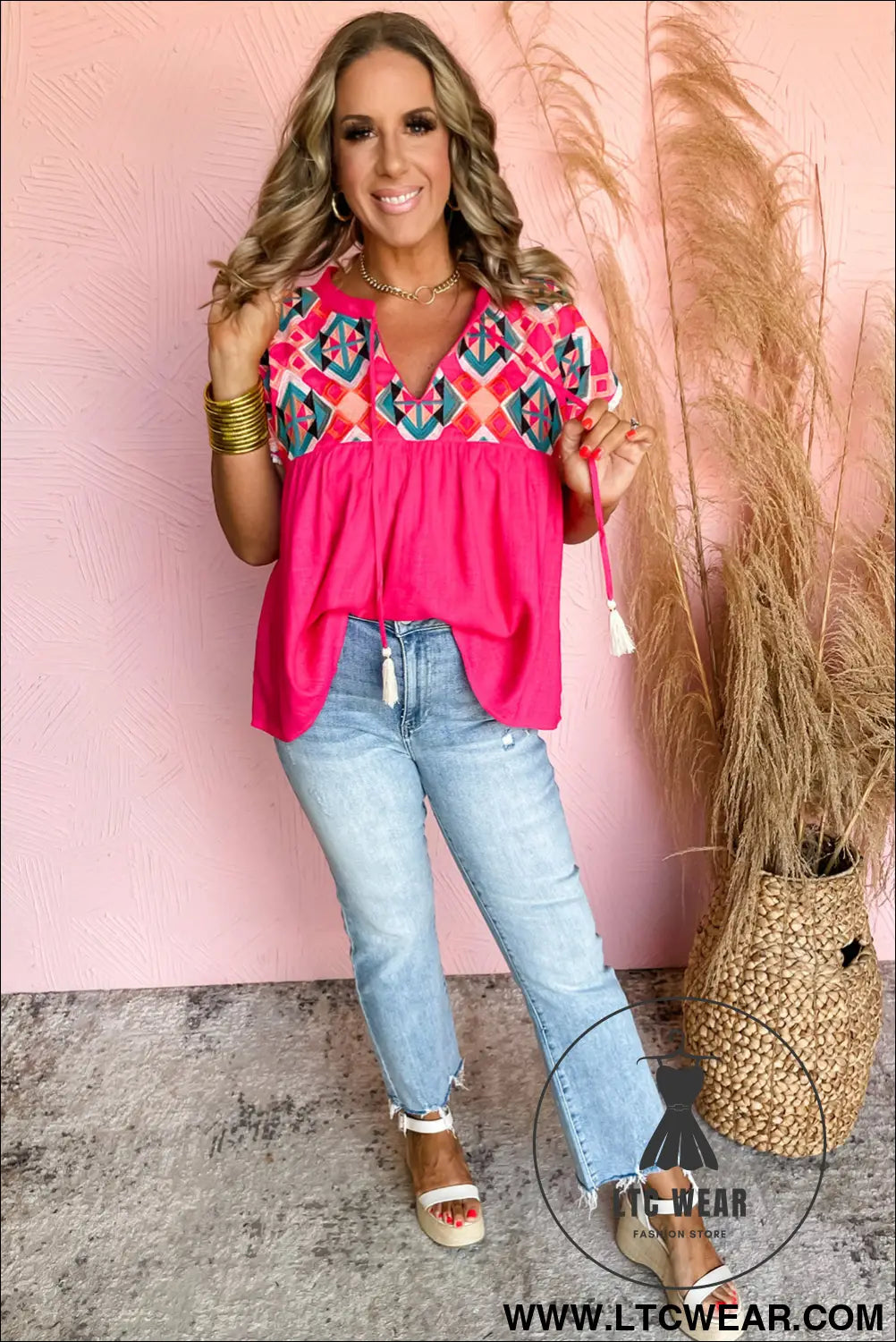 Strawberry pink geometric embroidered tassel tie v neck blouse - blouses & shirts
