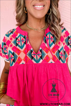 Strawberry pink geometric embroidered tassel tie v neck blouse - blouses & shirts