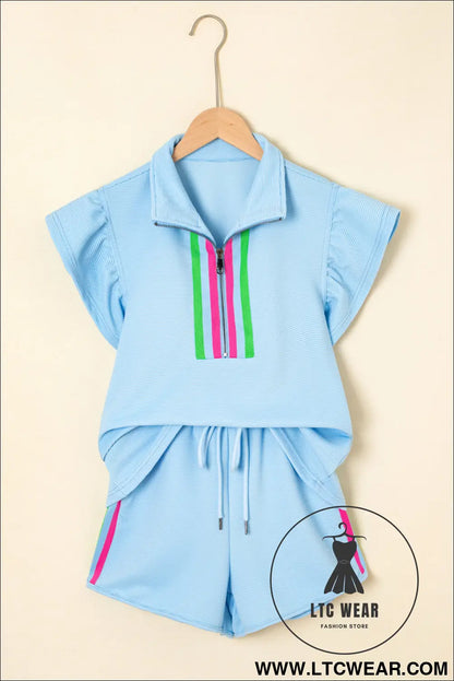 Strawberry Pink Striped Detail Flutter Sleeve Zipped Collar Short Set - L.T.C Wear Online Fashion Store