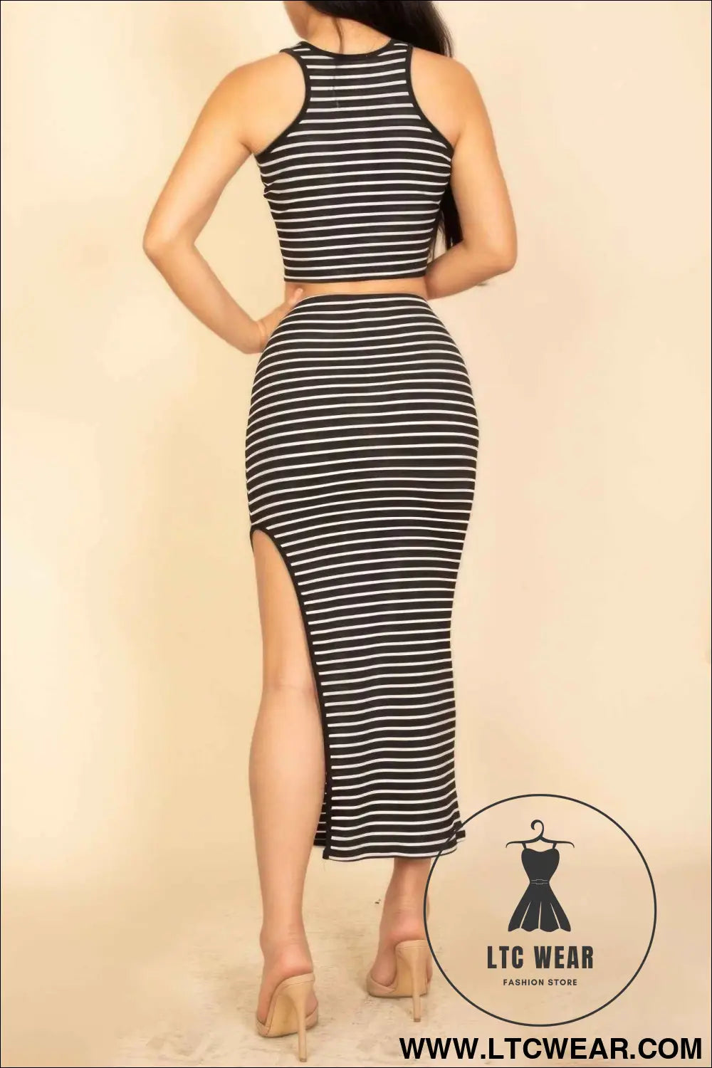 Striped High Neck Crop Top & Side Slit Midi Skirt Set