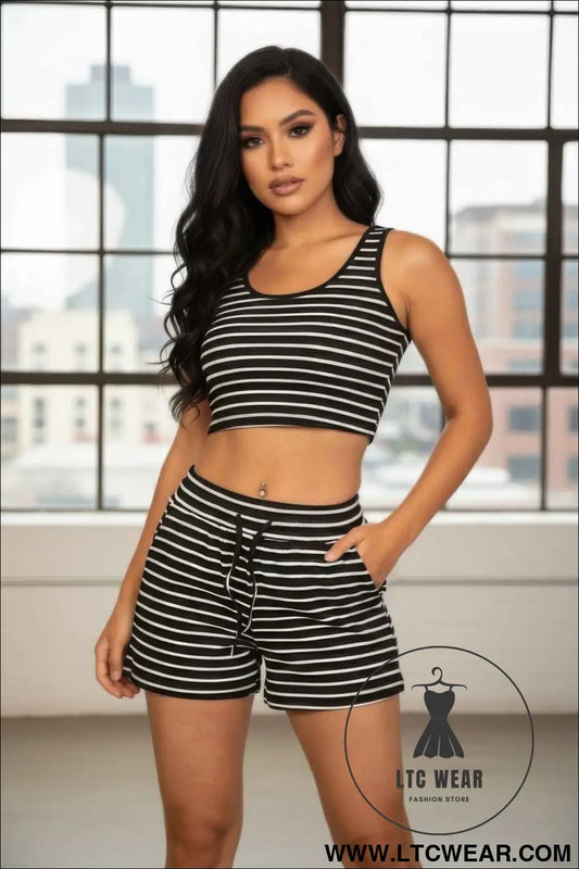 Striped Ribbed Cropped Tank & Shorts Lounge Set