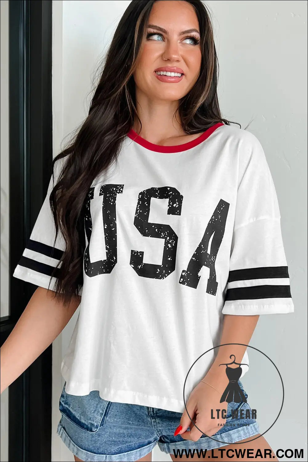 Striped sleeve round neck tee: usa style essentials - tops & tees