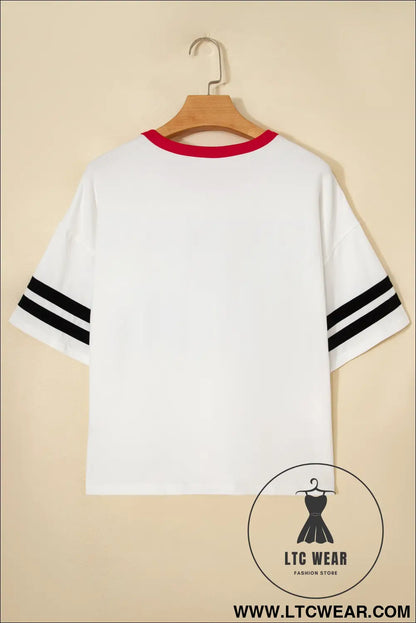 Striped sleeve round neck tee: usa style essentials - tops & tees