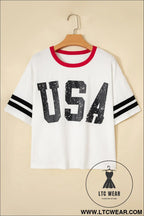 Striped sleeve round neck tee: usa style essentials - tops & tees