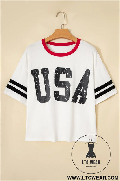 Striped sleeve round neck tee: usa style essentials - tops & tees