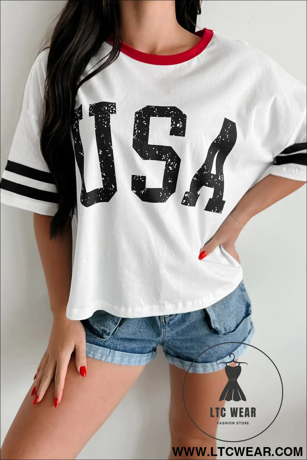 Striped sleeve round neck tee: usa style essentials - white / s / 95% cotton + 5% elastane - tops & tees
