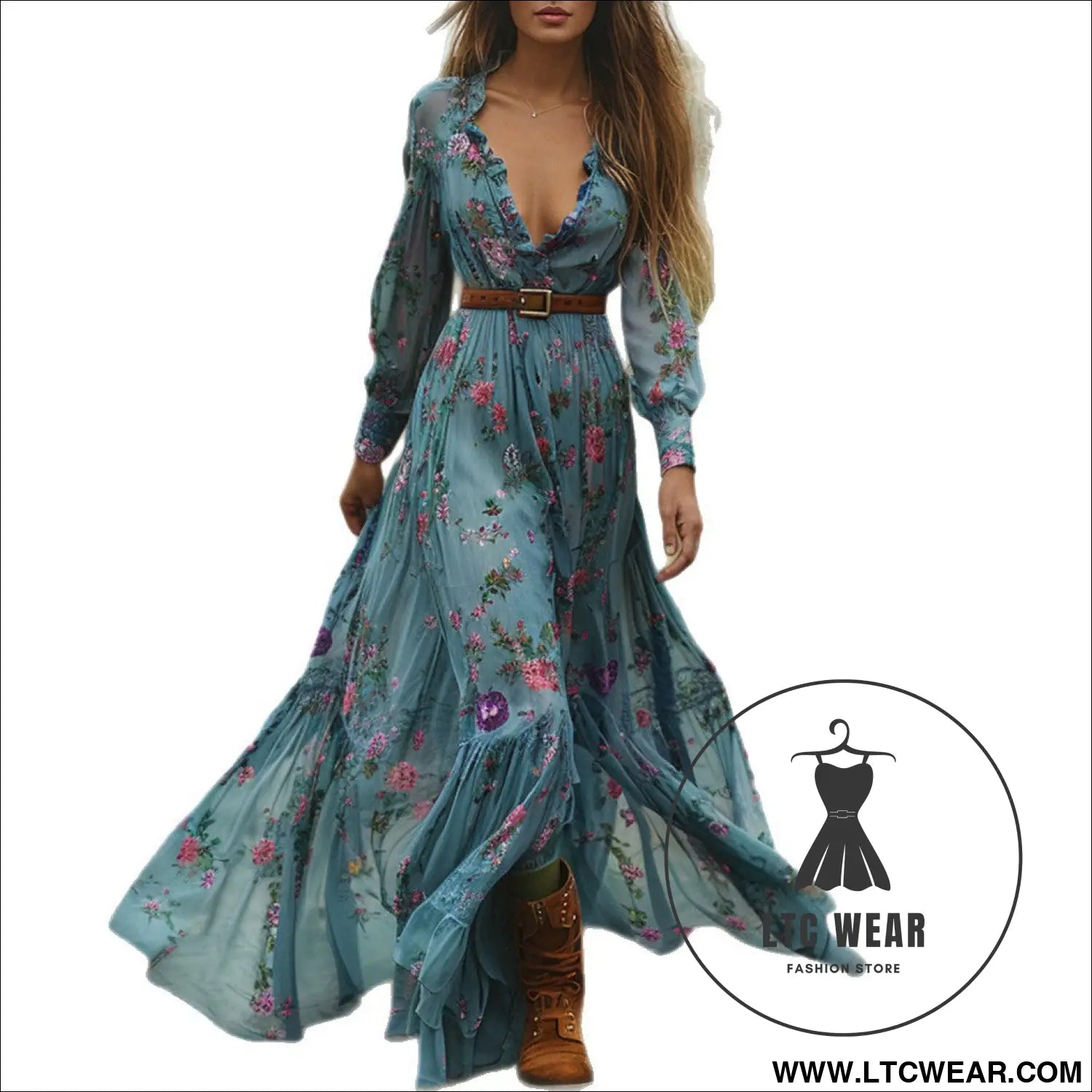 Style autumn vintage floral v-neck long sleeve long dress country cottage vintage dress