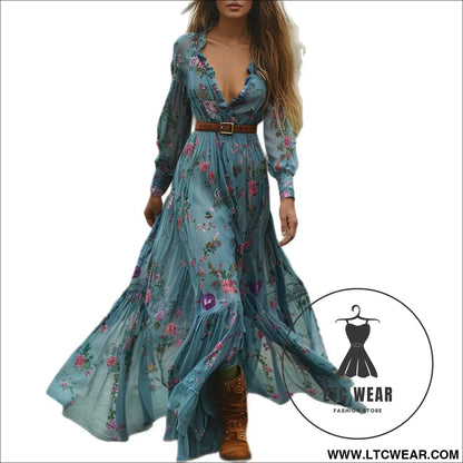 Style autumn vintage floral v-neck long sleeve long dress country cottage vintage dress