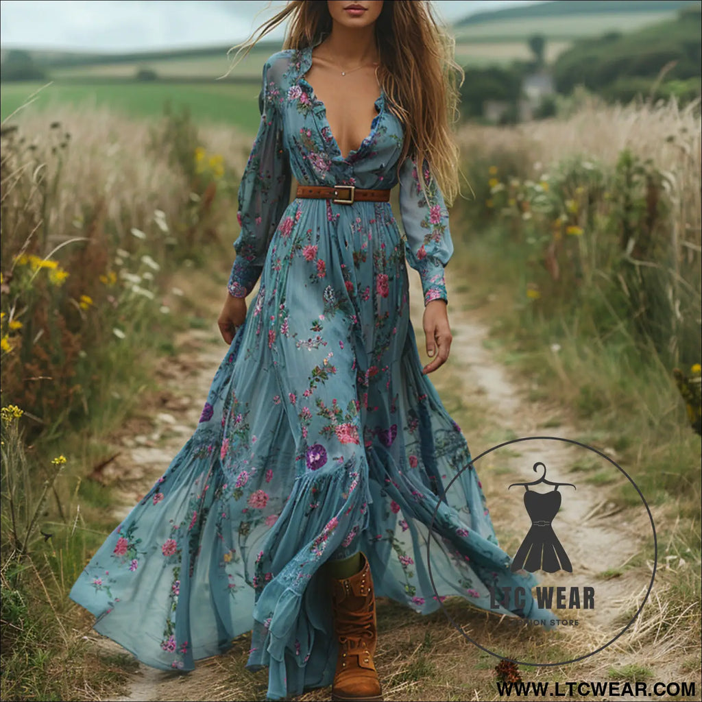 Style autumn vintage floral v-neck long sleeve long dress country cottage vintage dress - blue (without belt) / s