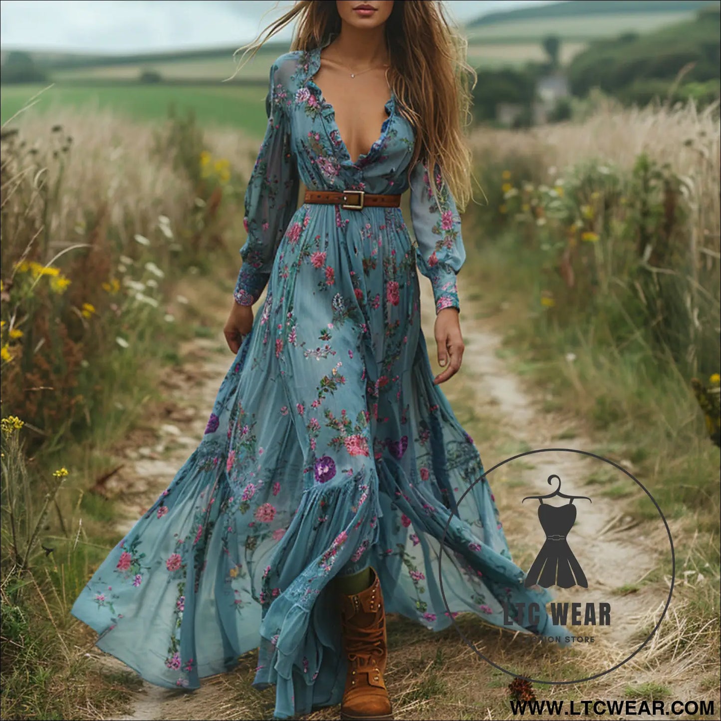 Style autumn vintage floral v-neck long sleeve long dress country cottage vintage dress - blue (without belt) / s