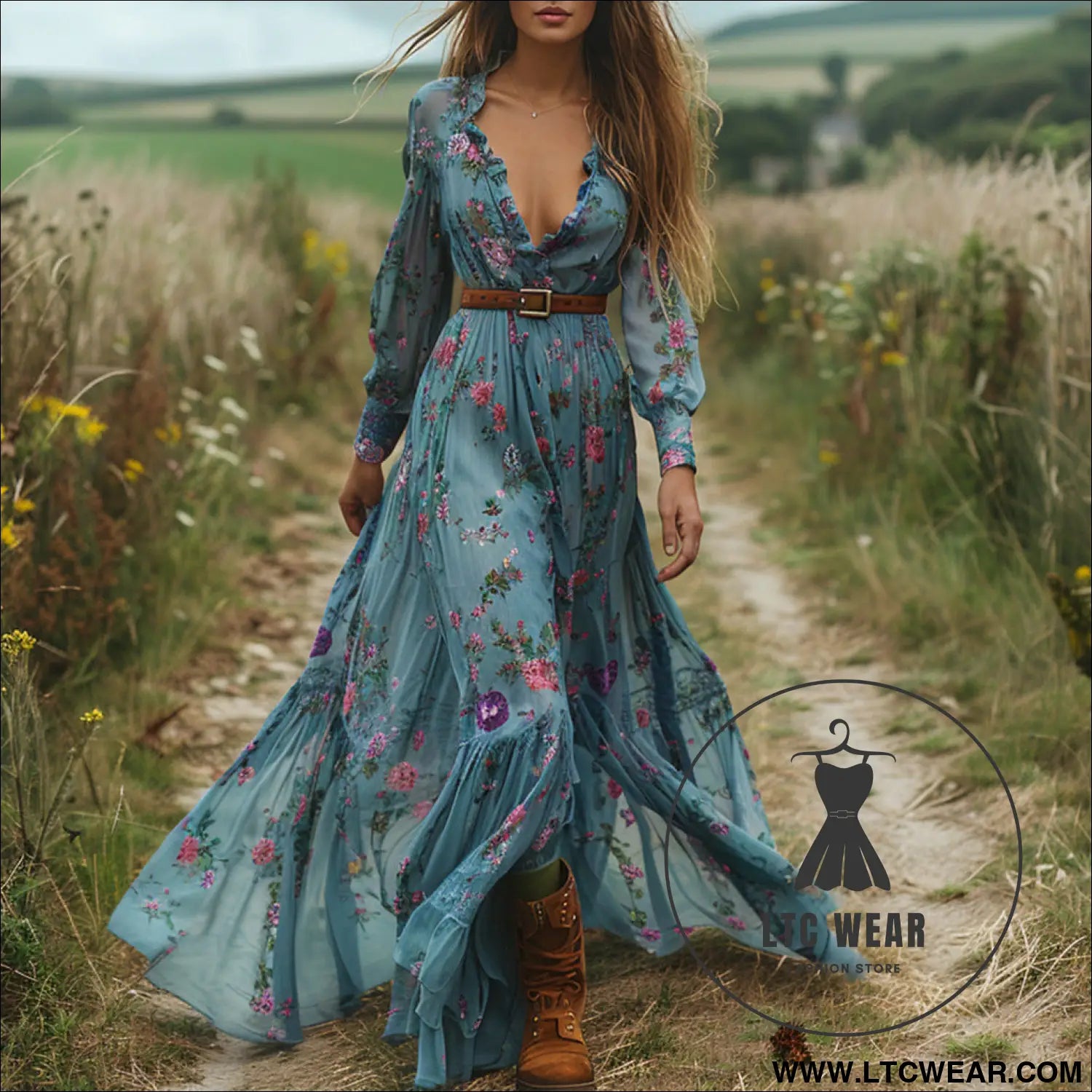 Style autumn vintage floral v-neck long sleeve long dress country cottage vintage dress - blue (without belt) / s