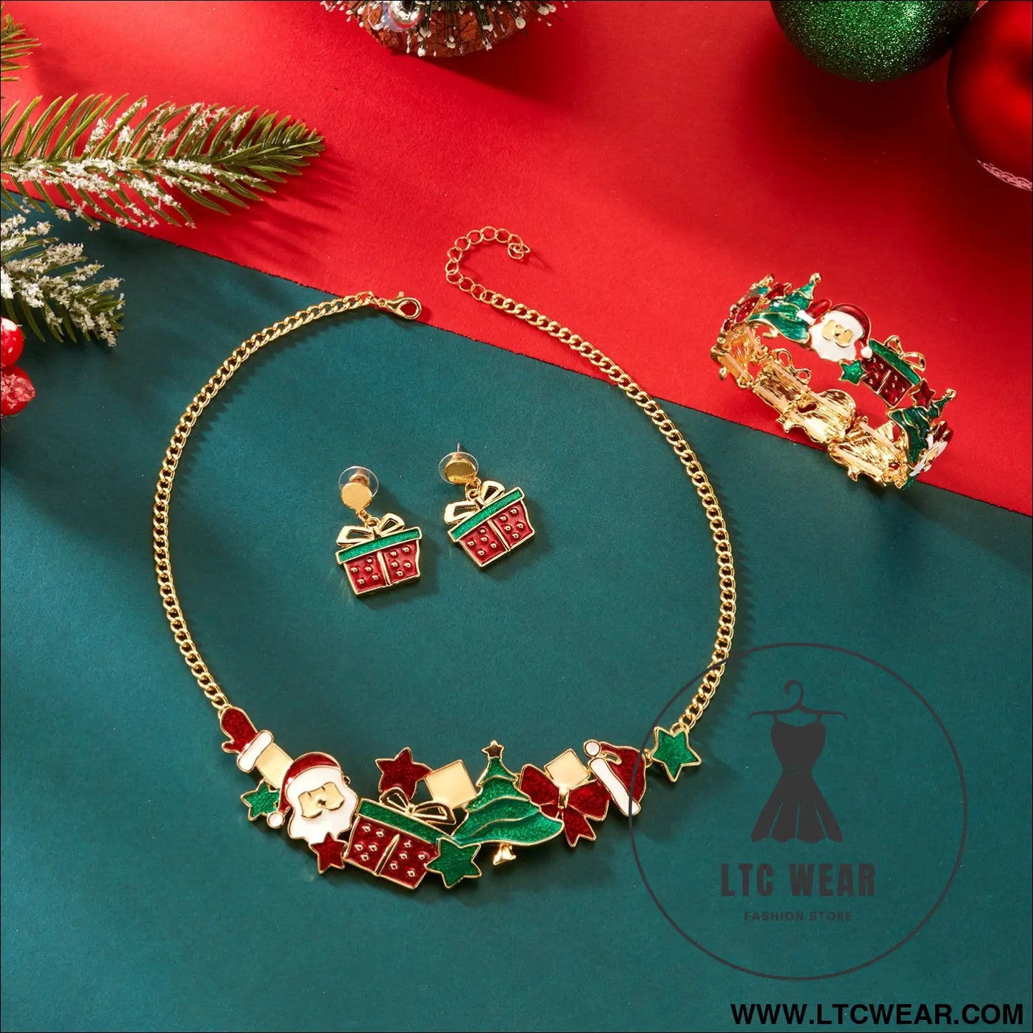 Style christmas necklace gift set santa claus & christmas tree pendant cute cartoon holiday jewelry neck and wrist