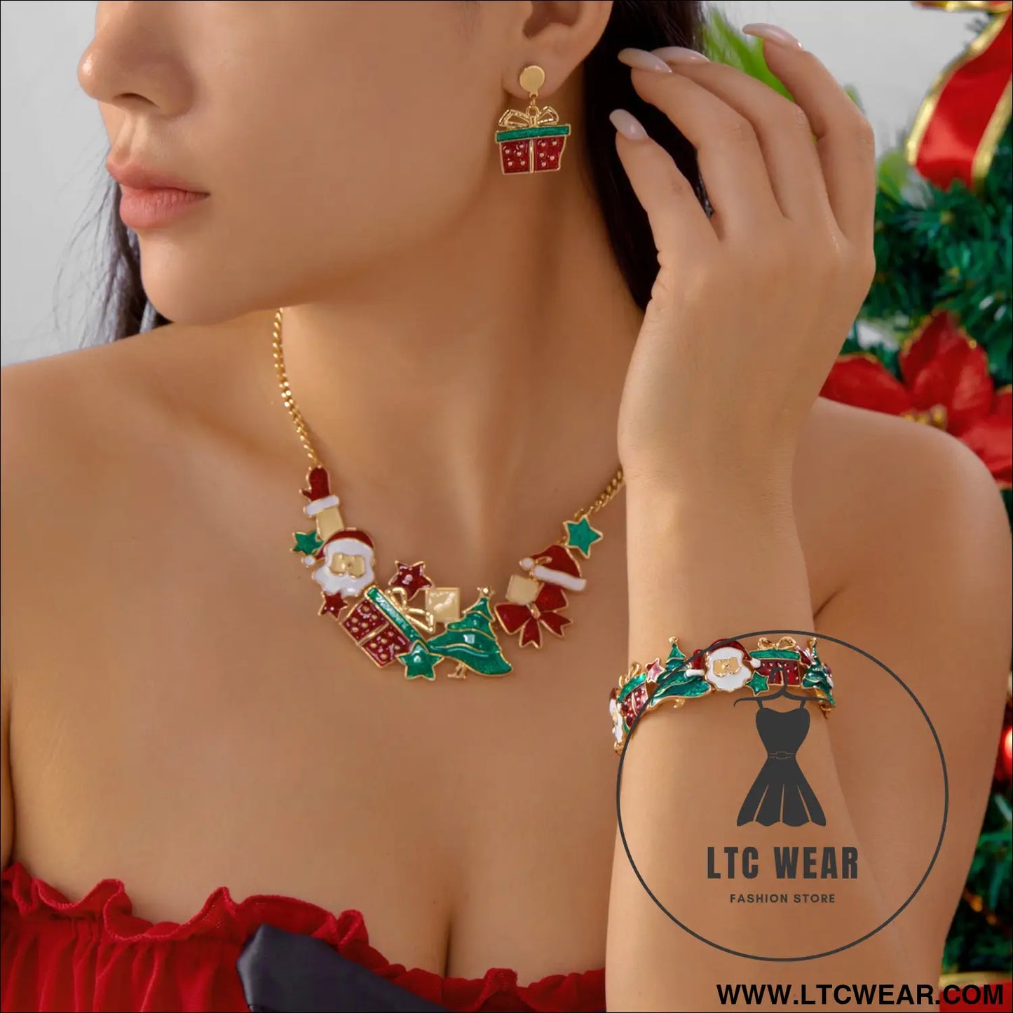 Style christmas necklace gift set santa claus & christmas tree pendant cute cartoon holiday jewelry neck and wrist