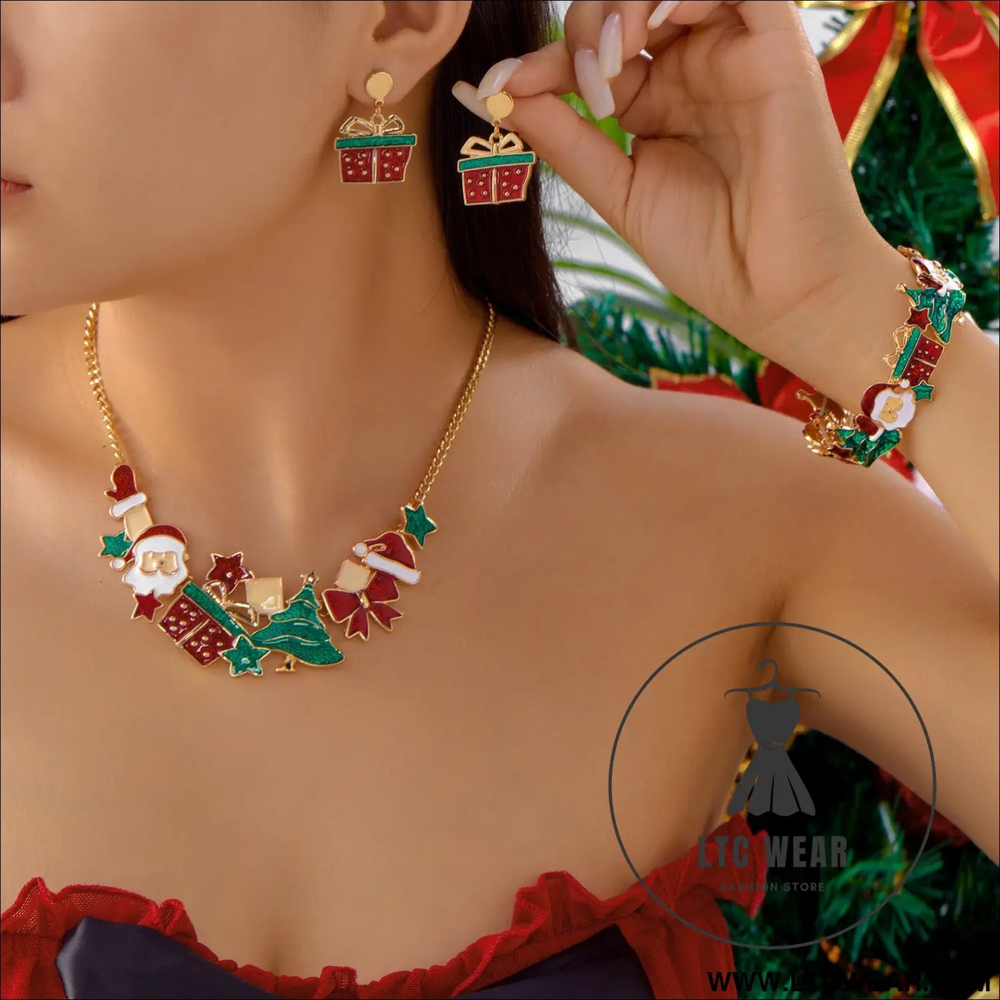 Style christmas necklace gift set santa claus & christmas tree pendant cute cartoon holiday jewelry neck and wrist