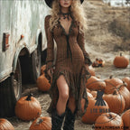 Style plaid long sleeve ruffle dress with fit and flare silhouette - brown / s