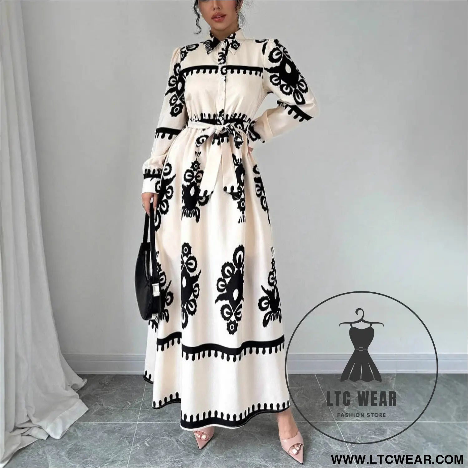 Style printed tie-up long dress with a-line silhouette