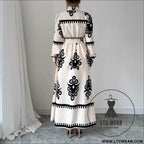 Style printed tie-up long dress with a-line silhouette