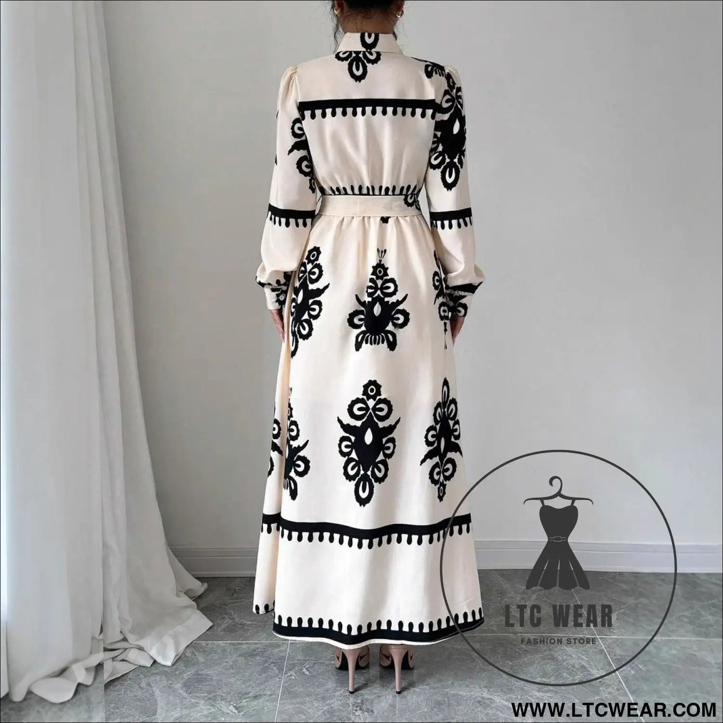 Style printed tie-up long dress with a-line silhouette