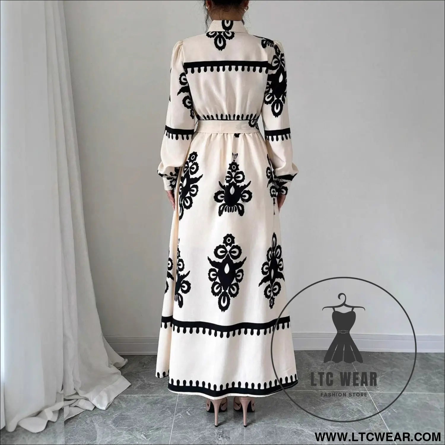 Style printed tie-up long dress with a-line silhouette