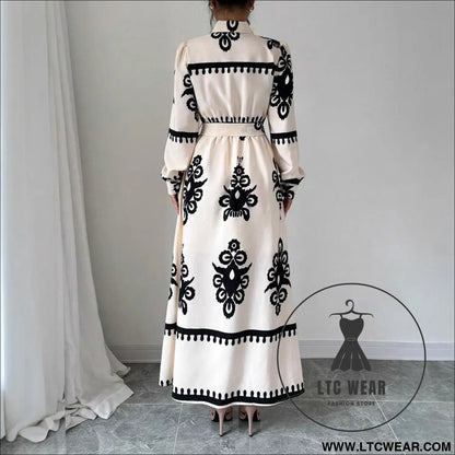 Style printed tie-up long dress with a-line silhouette