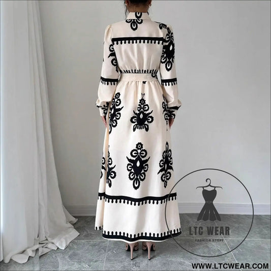Style printed tie-up long dress with a-line silhouette