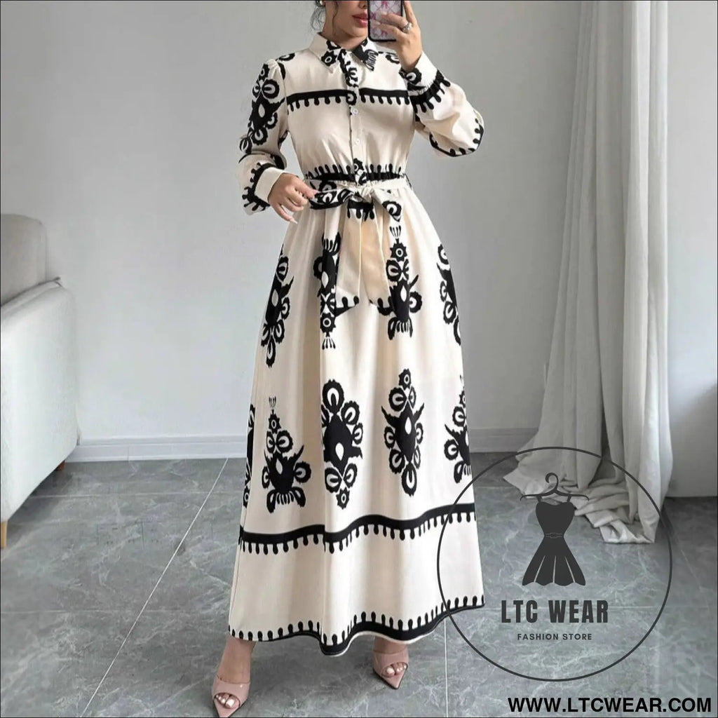 Style printed tie-up long dress with a-line silhouette - beige / s