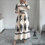 Style printed tie-up long dress with a-line silhouette - beige / s