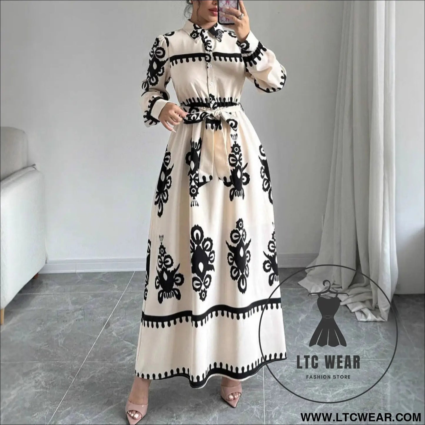 Style printed tie-up long dress with a-line silhouette - beige / s