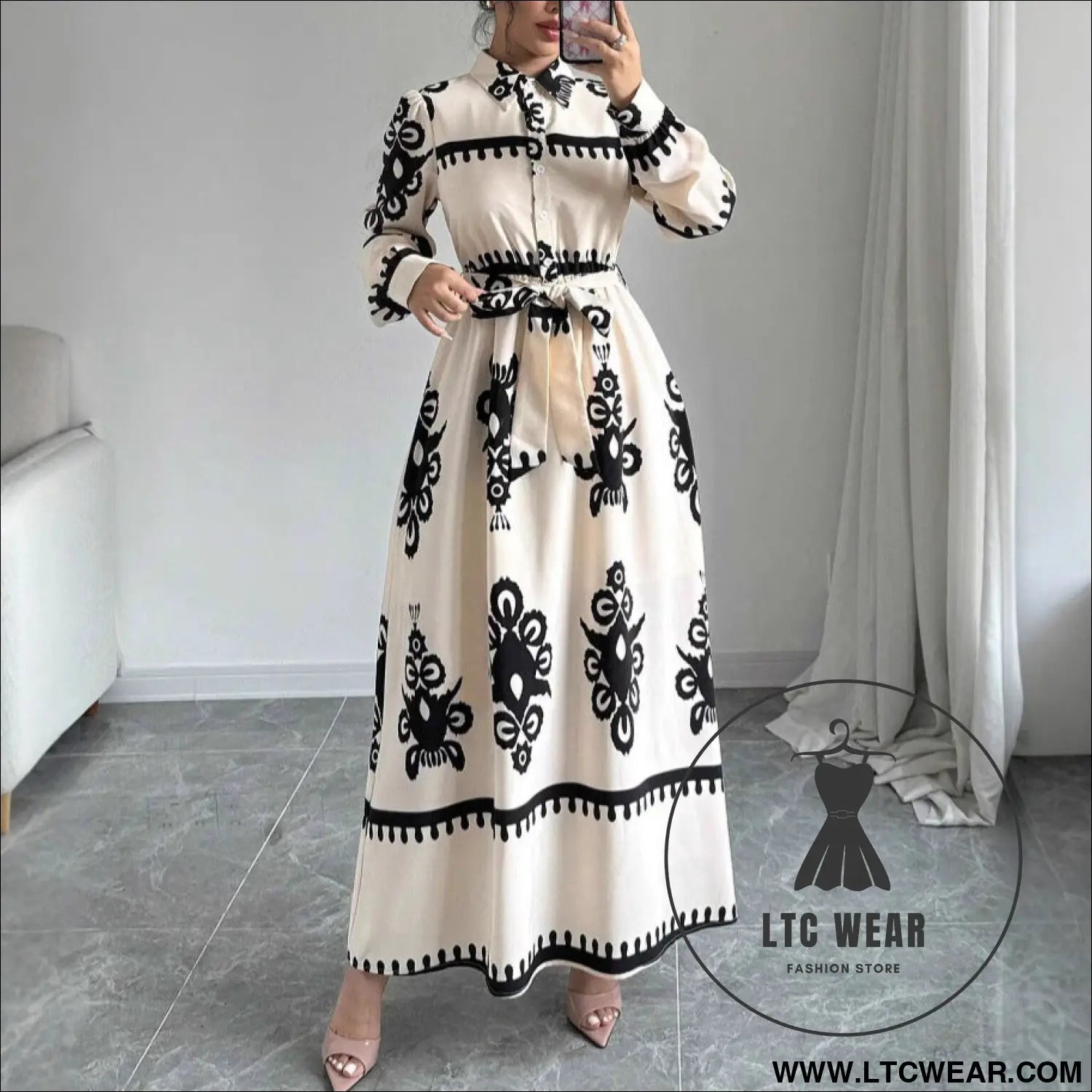 Style printed tie-up long dress with a-line silhouette - beige / s