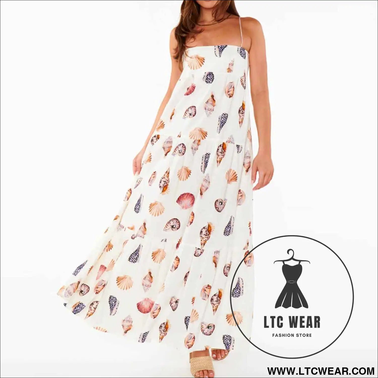 Style Summer New Strap Printed Layered Dress Seashell Print Pocket Dress for Women