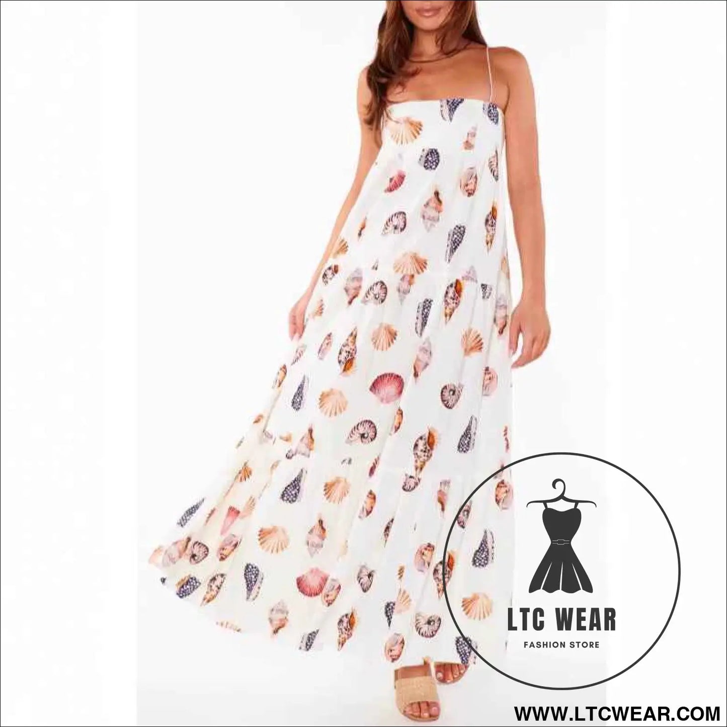 Style Summer New Strap Printed Layered Dress Seashell Print Pocket Dress for Women