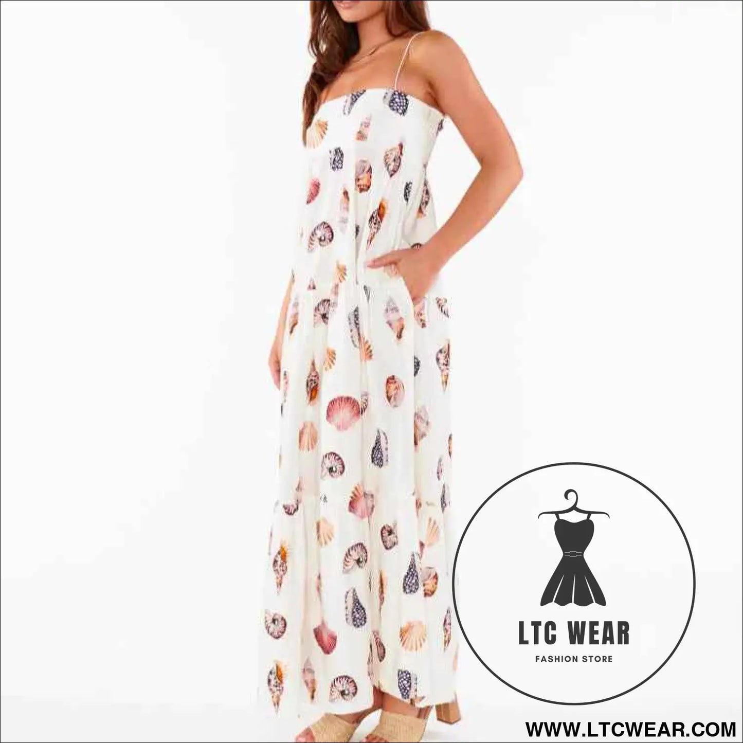 Style Summer New Strap Printed Layered Dress Seashell Print Pocket Dress for Women