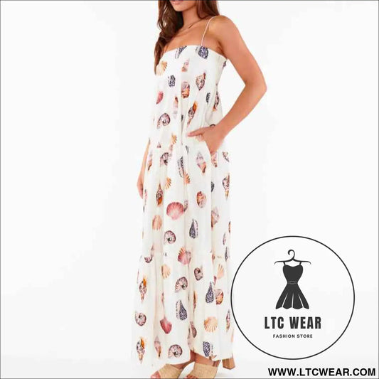 Style Summer New Strap Printed Layered Dress Seashell Print Pocket Dress for Women