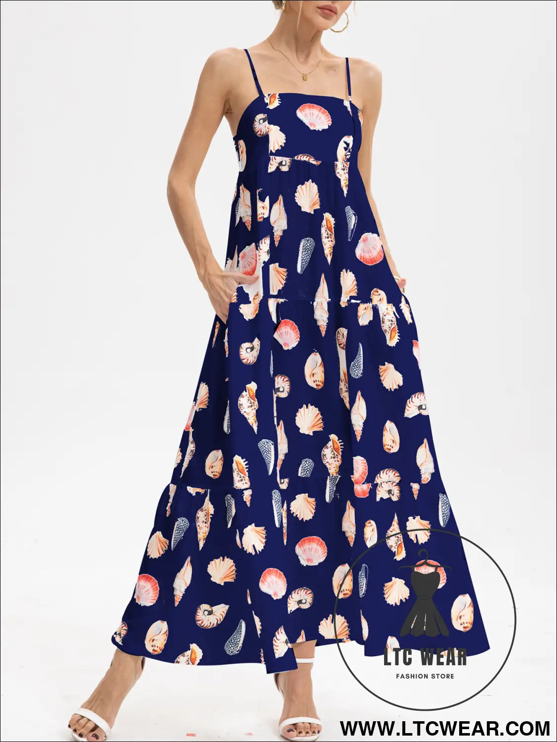 Style Summer New Strap Printed Layered Dress Seashell Print Pocket Dress for Women - L.T.C Wear Online Fashion Store