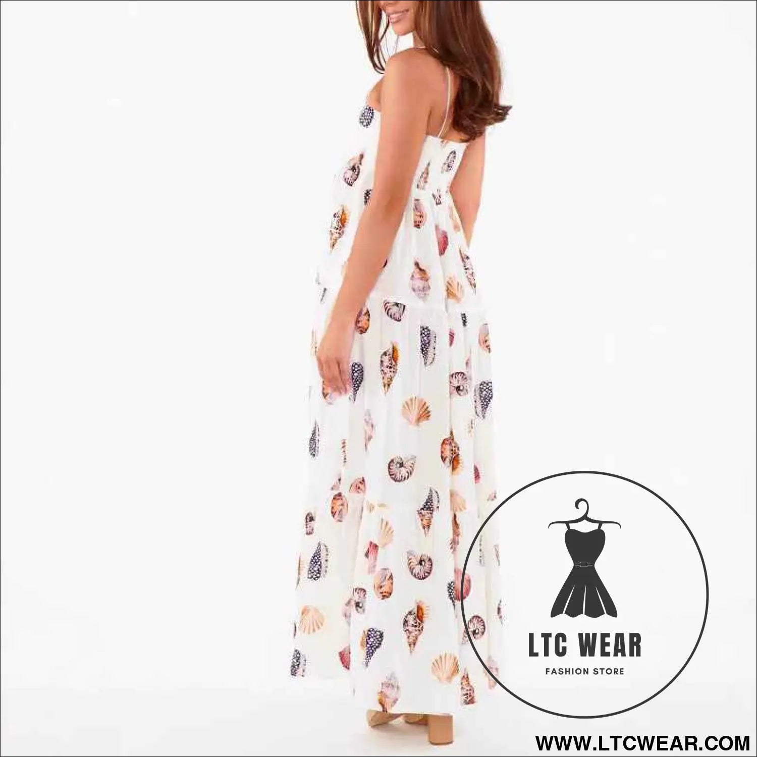Style Summer New Strap Printed Layered Dress Seashell Print Pocket Dress for Women