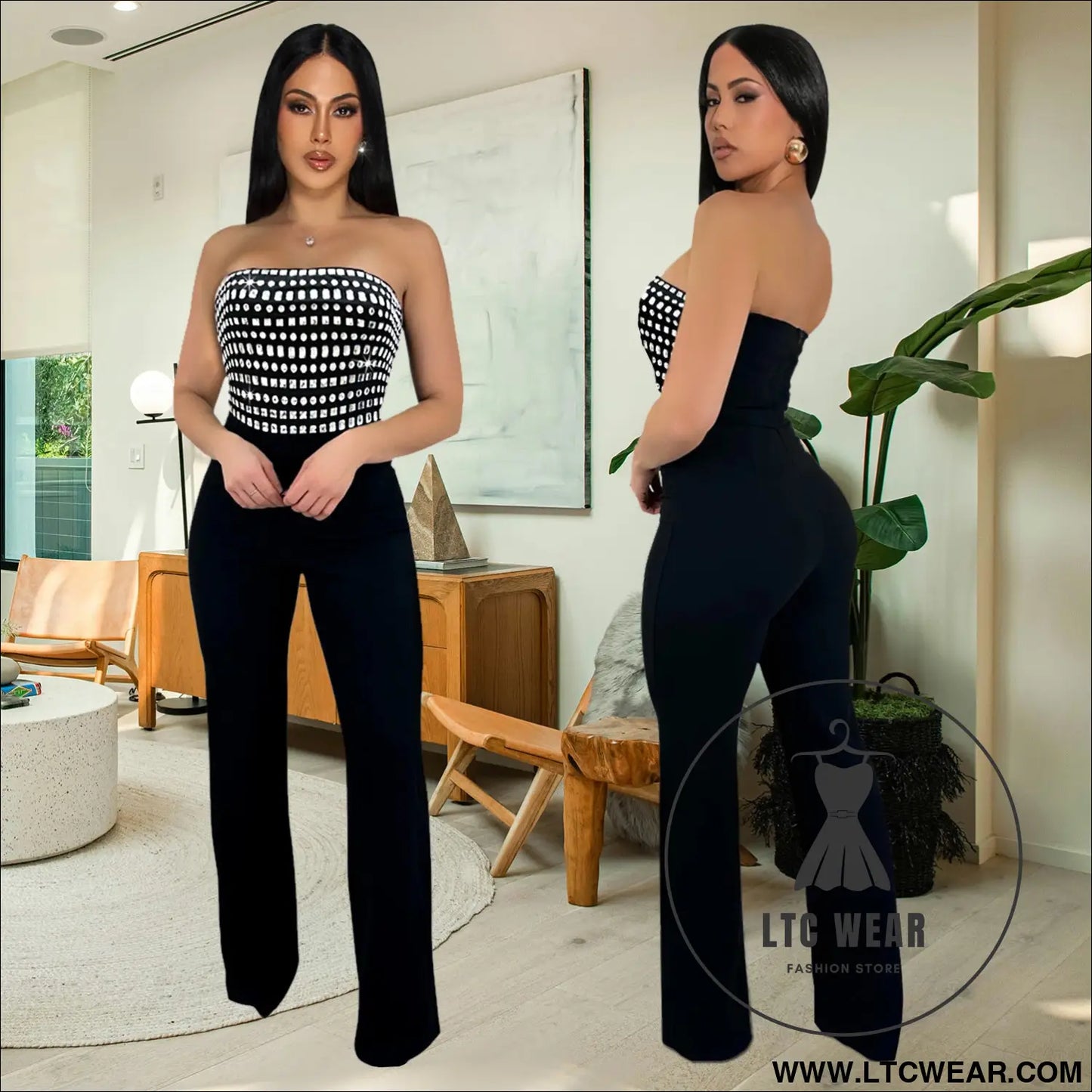 Style summer rhinestone bodysuit sexy strapless unique straight fit solid color long pants for women