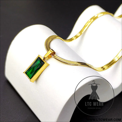 Style unique design blade chain luxury emerald zircon pendant titanium steel necklace for women