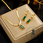 Style unique design blade chain luxury emerald zircon pendant titanium steel necklace for women - necklace + earrings