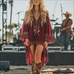 Style vintage prairie ethnic loose fit boho dress - red / xs