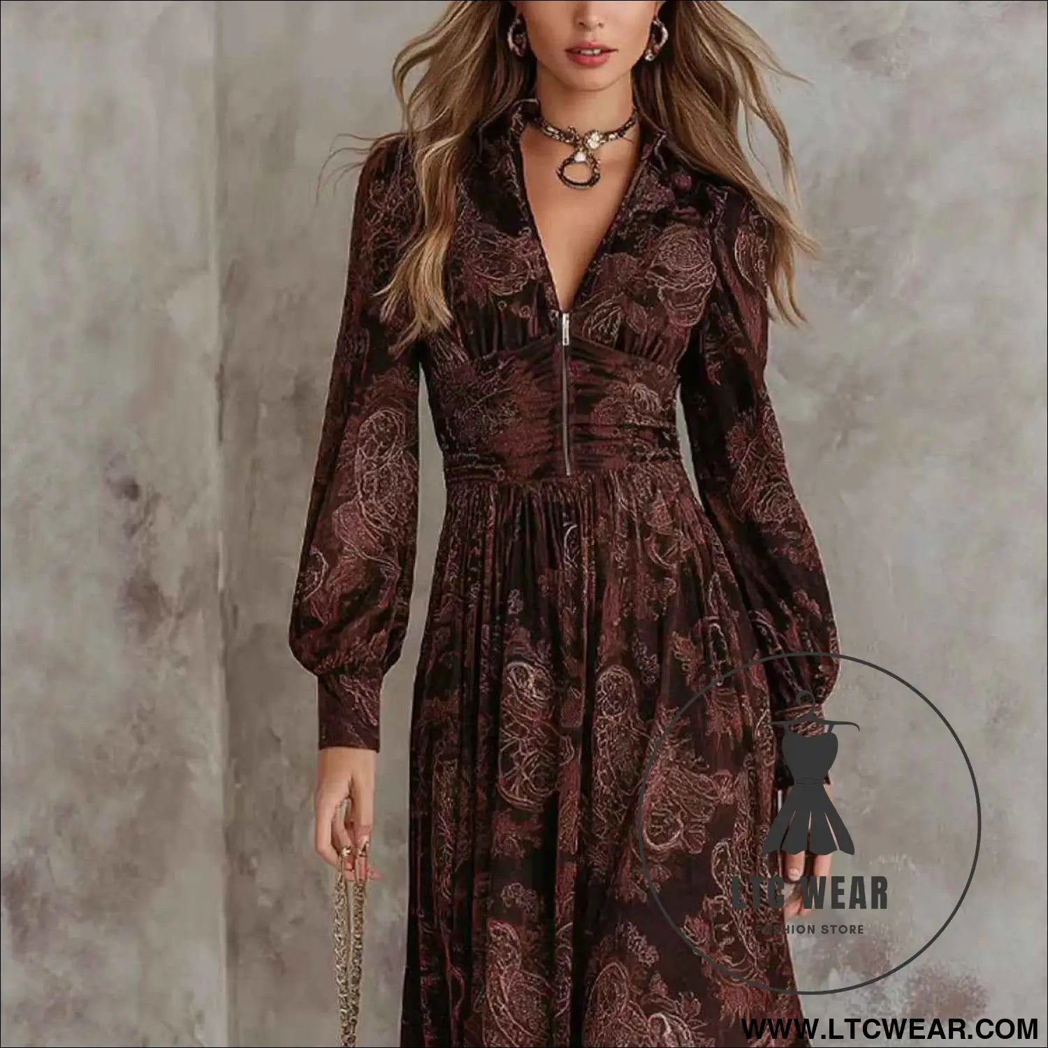 Style Vintage Print Long Sleeve V-Neck Fitted Bubble Sleeve Maxi Dress